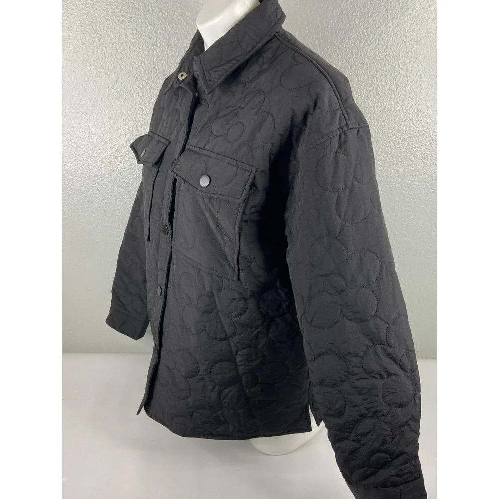 Entro Women Medium Black Jacket Metal Snap Flower Quilting Lightweight